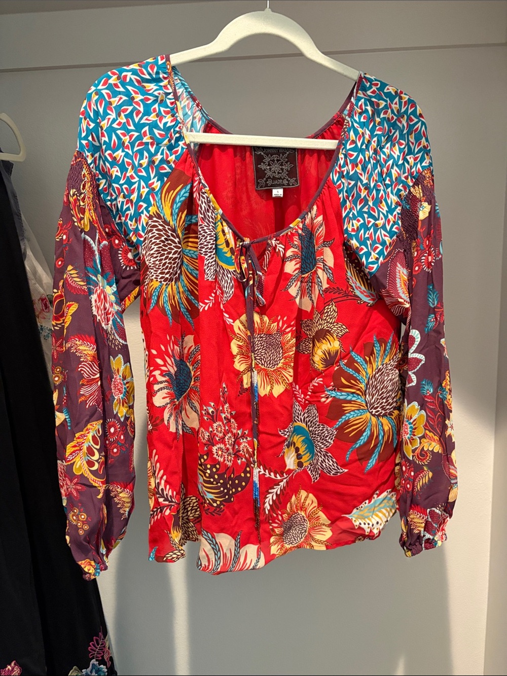 Johnny Was Multicolor Red Floral Peasant Blouse